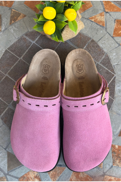 Lemoors Mary Jane Natural Cork Sole Genuine Suede Leather Dust Pink Color Sabo Slippers