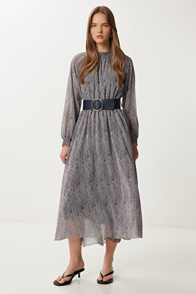 Lovelyİstanbul Φόρεμα σιφόν με μοτίβο με ζώνη LFG0081 ΜΑΥΡΟ ΚΟΚΚΑΛΙ