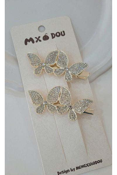 GÜLPEŞE 2 Piece Crystal Stone Butterfly Metal Clip Hair Clip Ns-384