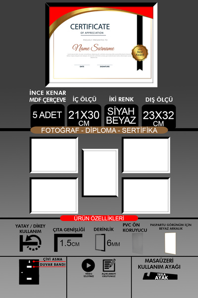 bymat 5 Pieces 21X30 Frame - Thin Slatted A4 Frame - 2 Colors Black and White - Photo Certificate Frame