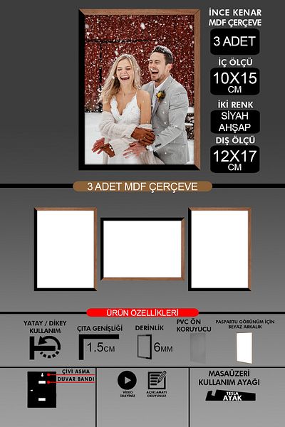 Bytwo 3Pcs 10X15 Frame - Thin Slatted Frame - 2 Colors Wood Black - 6mm Frame Photo Frame