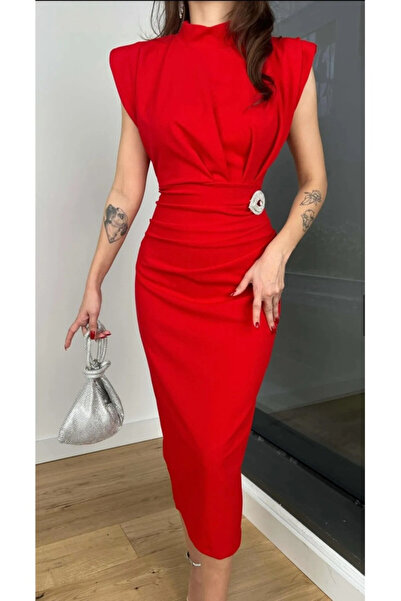 LACASE BROŞLU VATKALI KREP ELBİSE