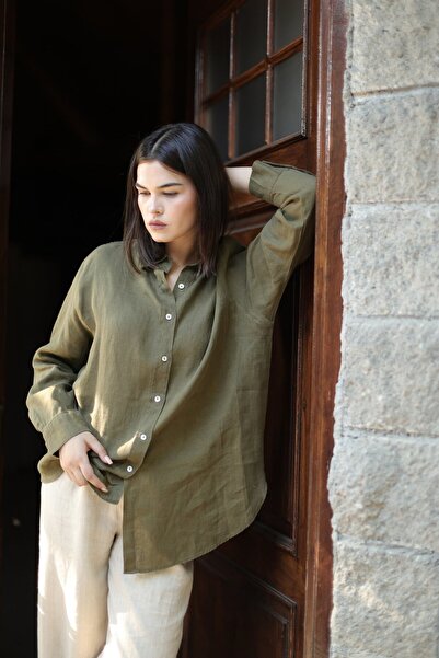 REVENA COLLECTION Yeşil Keten Gömlek