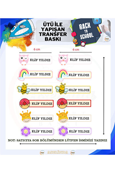 ASELİNDA Okula Dönüş - İsme Özel Çanta, Kalemlik, Kıyafete Ütü İle Yapışan Dt...