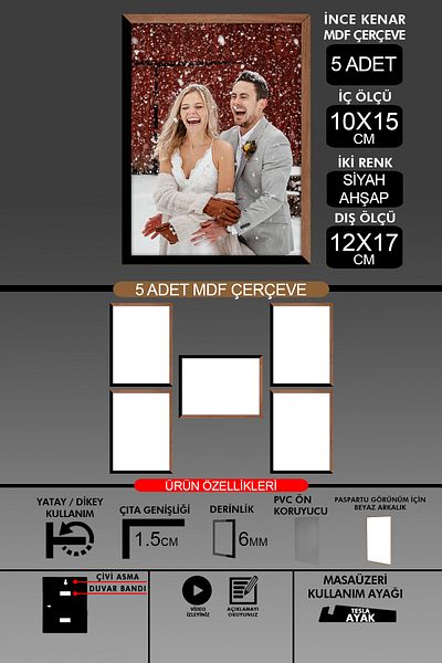Bytwo 5Pcs 10X15 Frame - Thin Slatted Frame - 2 Colors Wood Black - 6mm Frame Photo Frame