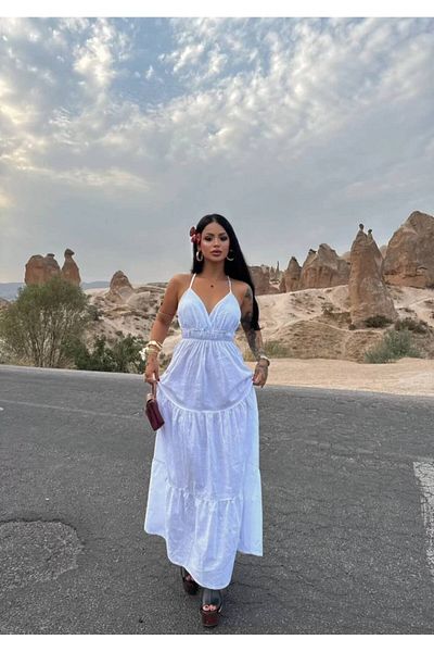 aytenli V-Neck Rope Strap Back Cross Elastic Detail Waist Fold Maxi Length Linen Dress