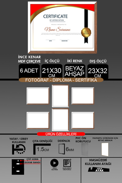 Bytwo 6 bucăți 21x30 cadru - cadru A4 cu lamele subțiri - 2 culori lemn alb - cadru certificat foto