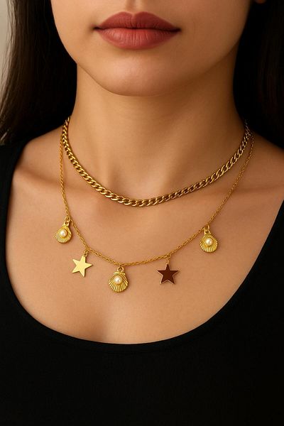 SNGL ACCESSORİES Gold Sea Shell and Star Figured Double Necklace