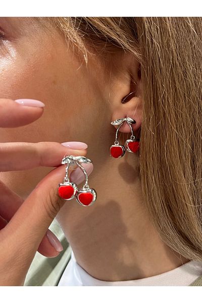 Accessories Hei Silver Color Red Cherry Shape Cute Girl's Earrings