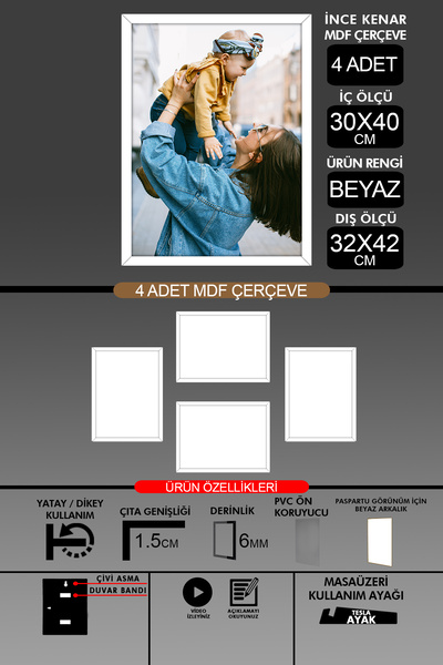bymat 4 Pieces 30X40 Frame - Thin Slatted A3 Frame - White Frame - 6mm - Photo Frame