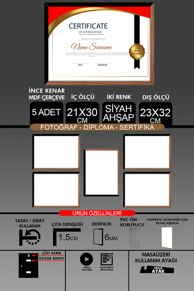 Bytwo 5 komada okvira 21x30 - A4 okvir sa tankim letvicama - 2 boje drvo crna...