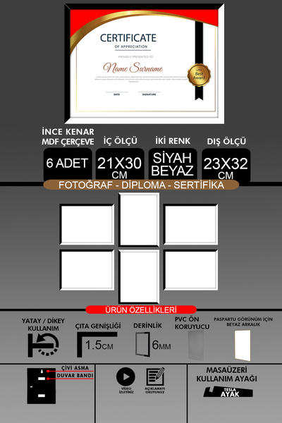 bymat 6 Pieces 21X30 Frame - Fine Slatted A4 Frame - 2 Colors Black and White - Photo Certificate Frame