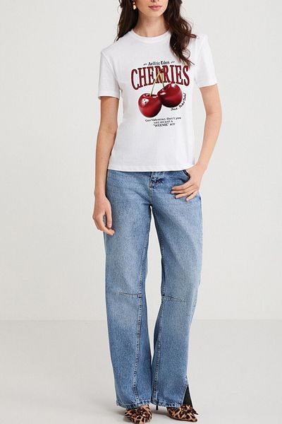CMKTEKS Unisex, Cherries Printed, White, Crew Neck, T-Shirt T-Shirt