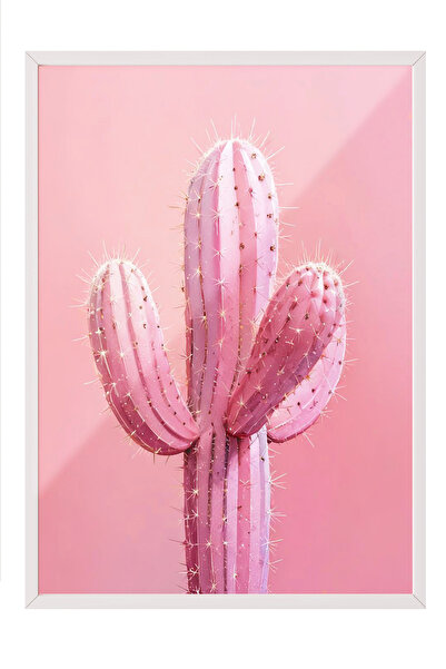 Zestia Tablou cu ramă albă, Desen minimalist cu cactus roz, Poster decorativ ...