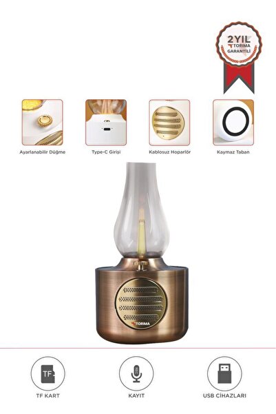Torima Bluetooth Hoparlör Vintage Gaz Lambası Işıklı Şarjlı Speaker D53 Bakır