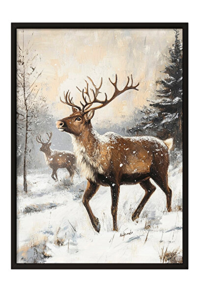 Zestia Tablou cu ramă neagră, stil pictură în ulei cu cerb și pădure, poster ...