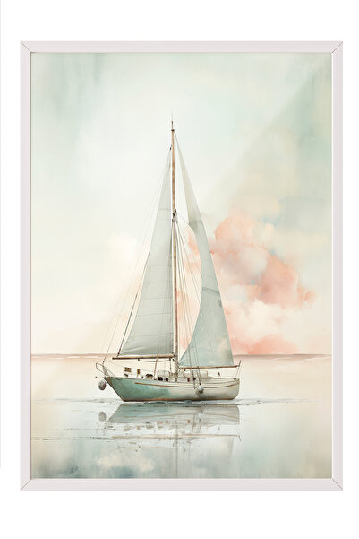 Zestia Tablou cu ramă albă, barcă cu pânze în tonuri pastelate, poster decora...