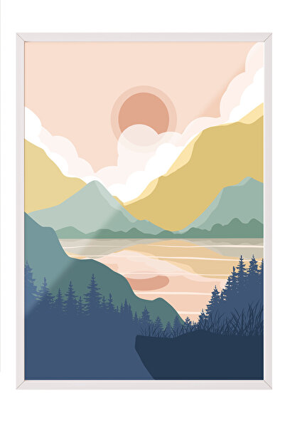 Zestia Tablou înrămat alb, Desen minimalist cu peisaj montan portocaliu, Post...