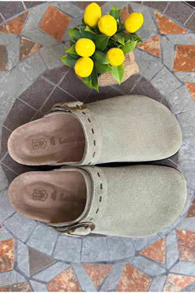 Lemoors Mary Jane Natural Cork Sole Genuine Suede Leather Light Green Color Sabo Slippers