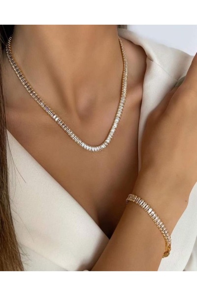 bs bellss accessory Zirkon Baget Taşlı Su Yolu Kolye Bileklik Set