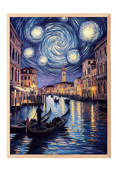 Zestia Tablou înrămat în lemn, interpretare a nopții înstelate pe coastă în s...
