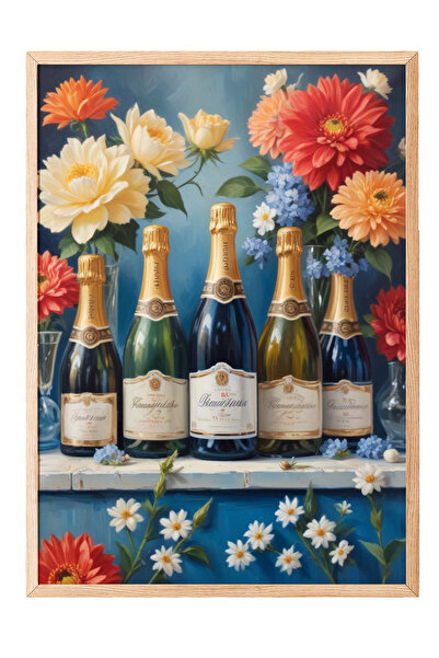 Zestia Tablou cu ramă din lemn, sticle de vin și flori, poster decorativ pent...