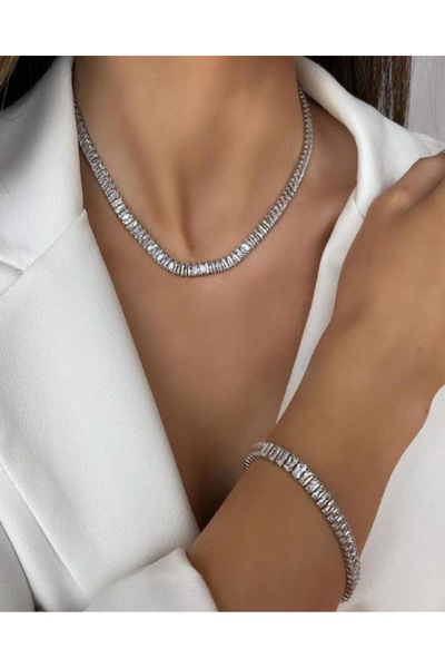 bs bellss accessory Zirkon Baget Taşlı Su Yolu Kolye Bileklik Set