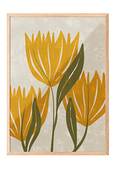 Zestia Tablou cu ramă din lemn, ilustrație minimalistă cu flori galbene, post...