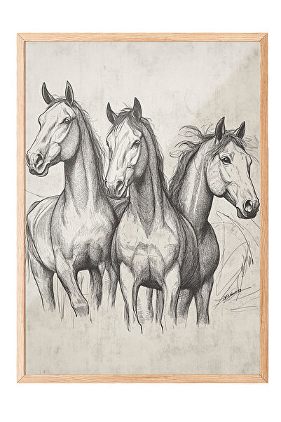 Zestia Tablou înrămat în lemn, Ilustrație cu trei cai – Alb-negru, Poster dec...
