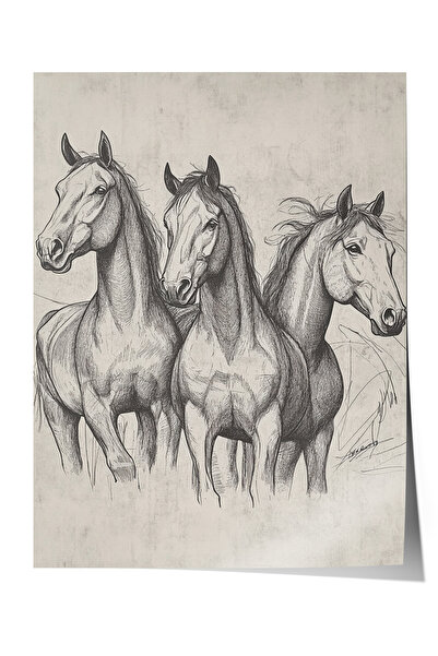 Zestia Poster fără ramă, ilustrație cu trei cai – Alb-negru, Poster decorativ...