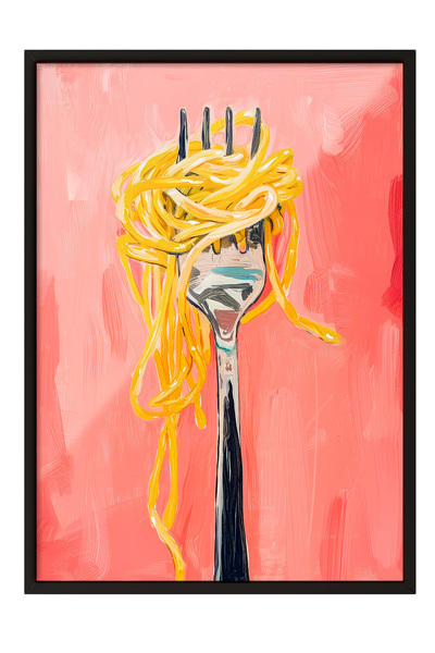 Zestia Tablou cu ramă neagră, Desen umoristic cu spaghete și furculiță, Poste...
