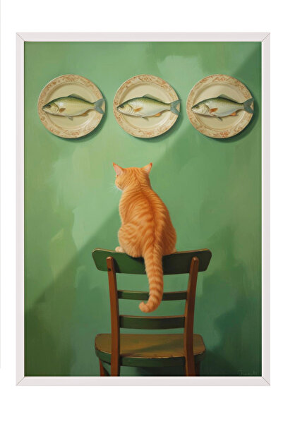 Zestia Картина с бяла рамка, Котка на стол – зелен фон, постер за декорация н...