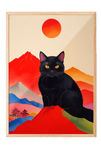 Zestia Tablou cu ramă din lemn, pisică neagră cu fundal roșu, poster decorati...