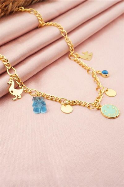By Zeyna Aksesuar Women's Special Design Blue Color Mixed Figure Evil Eye Necklace