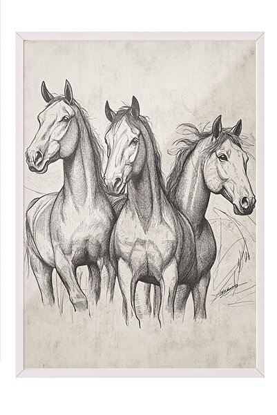 Zestia Tablou înrămat alb, Ilustrație cu trei cai – Alb-negru, Poster decorat...