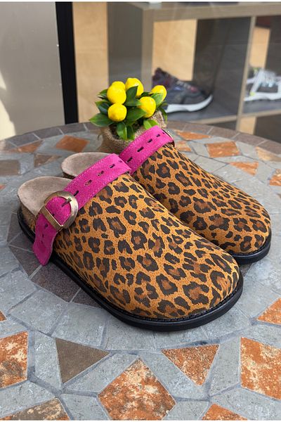TR Lemoors Mary Jane Natural Cork Sole Genuine Suede Leather Leopard Printed Sabo Slippers