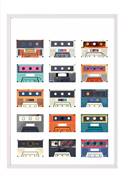 Zestia Tablou cu ramă albă, ilustrație cu casetă colorată – Stil retro, decor...