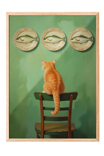 Zestia Tablou cu ramă din lemn, pisică pe un scaun – fundal verde, poster dec...