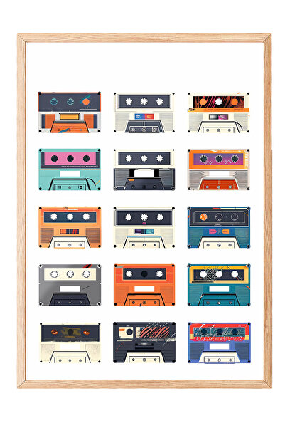 Zestia Tablou cu ramă din lemn, ilustrație cu casete colorate – Stil retro, d...