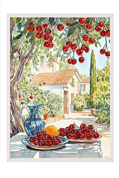Zestia Tablou înrămat alb, compoziție cu cireși și masă de primăvară, poster ...