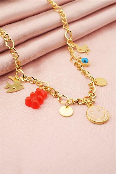 By Zeyna Aksesuar Women's Special Design Red Color Mixed Figure Evil Eye Necklace
