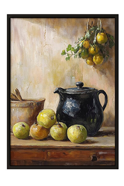 Zestia Tablou înrămat negru, natură moartă cu ulcior și farfurie în stil vint...