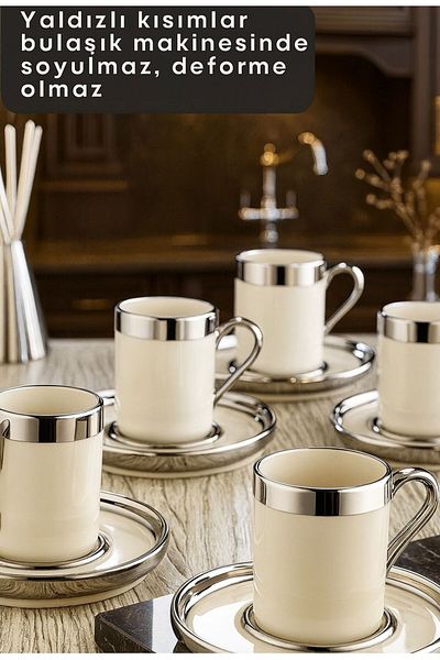 ENYAZA(2024) Silver Gilded 6-Person Porcelain Cup Set 12 Pieces Turkish Coffee Set Coffee Cup 100 ml