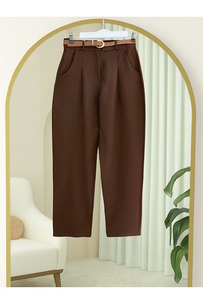 Modamorfo Pleated Pocket Belted Ankle Trousers - Brown