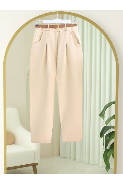 Modamorfo Pleated Pocket Belted Ankle Trousers -Beige