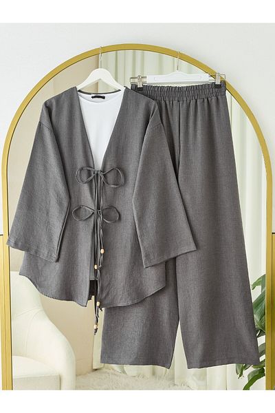 Modamorfo Kimono Suit with Double Tie Front Trousers - Anthracite