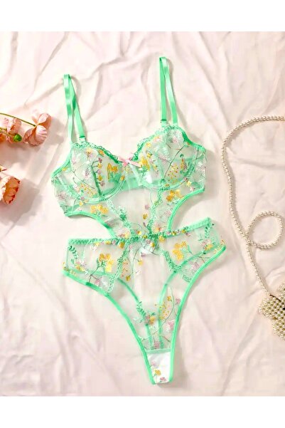 Ravica Lingerie Su yeşili balenli çiçekli dantelli tek parça sırt dekolteli b...