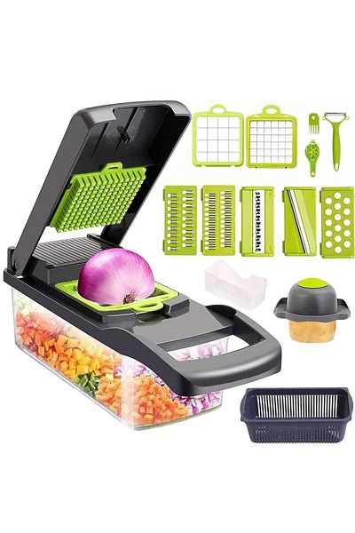 OEM Aparat multifuncțional de tocat legume și fructe, feliere julienne, 16 bucăți, verde, oțel inoxidabil