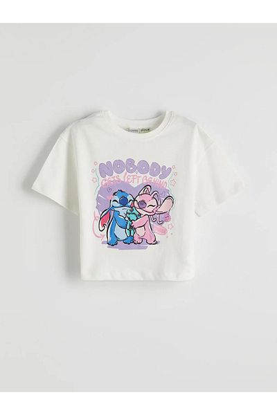 LC Waikiki Lcw Kids Ecru Crew Neck Lilo and Stitch Printed Girls T-Shirt and Sweatpants