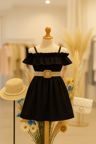 HUDHUD STORE Askılı kemerli kız elbisesi abiye fırfır yaka elbise